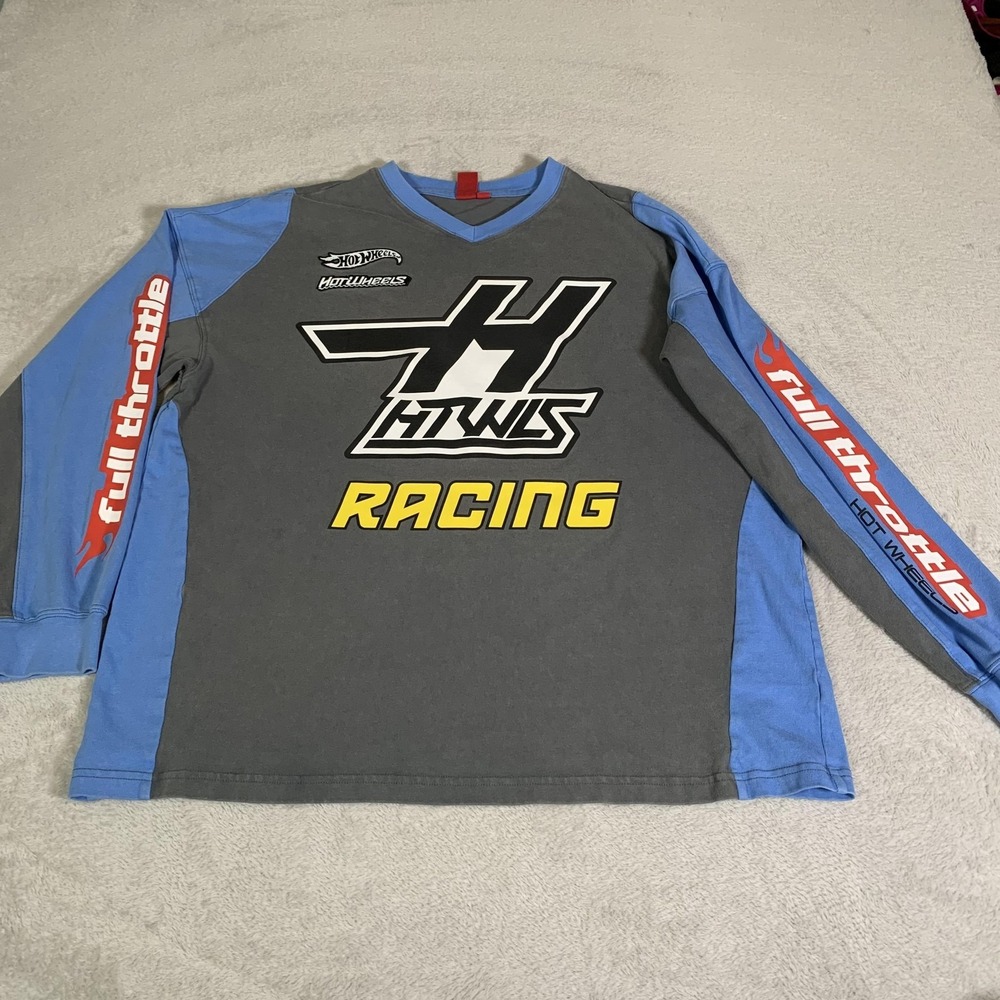 Y2K Hot‎ Wheels Shirt Mens S Gray Blue Racing Full Throttle Long Sleeve Ringer
